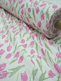 Муслин двухслойный с эф.жатости "Акварельные тюльпаны" цв.белый, ш.1.4м, хлопок-100%, 120гр/м.кв