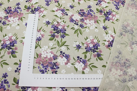 Полулен "Букетное очарование-фиолетовые цветочки" (на суровом), ш.1.5м, лен-30%, хл-70%, 140гр/м.кв