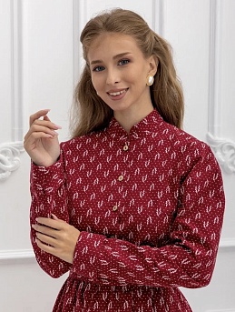 Платье из Теплого хлопка "Набойка-веточки с горошком" в бордовом цвете