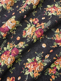 Хлопколен "Чайная роза на черном" (оранжевые цветы), СОРТ2, ш.1.5м, лен-20%, хлопок-80%, 135гр/м.кв