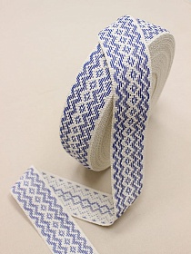 Лента тканая для поясов, 50мм Синий орнамент на суровом, рис.9479