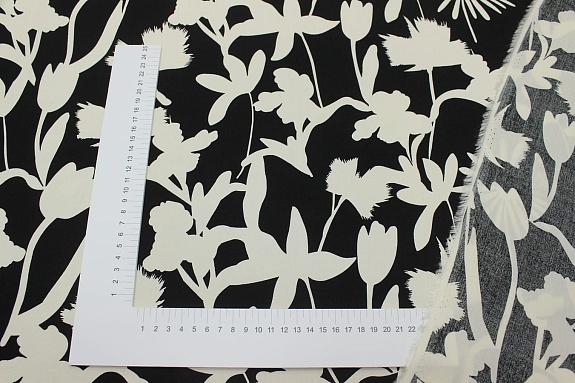 Штапель "Цветочный силуэт" цв.черный, ш.1.45м, вискоза-100%, 100гр/м.кв