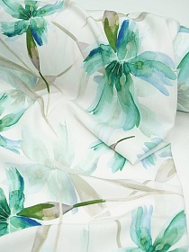 Штапель Премиум (Digital) "Жанэль (зеленые цветы)" цв.белый, СОРТ2 ш.1.45м, вискоза-100%, 105гр/м.кв
