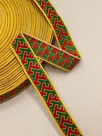 Жак.лента 18мм Славянский красно-зеленый оберег на желтом