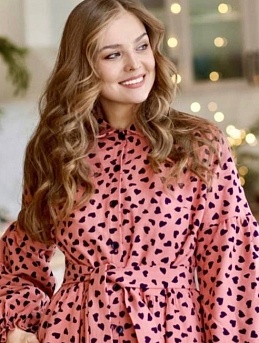 Платье из теплого хлопка "Чернильные сердечки на св.кораллово-брусничном"