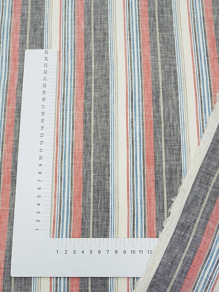 Лен сорочечный пестротканый с умягчением "Полоски" цв.черный/красный/синий, ш.1.5м, лен-100%