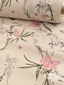 Полулен "Орхидеи - розовые цветы" (на суровом), СОРТ2, ш.1.5м, лен-30%, хлопок-70%, 140гр/м.кв