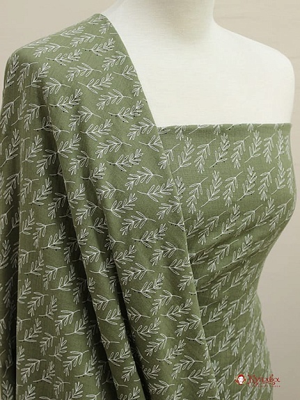 Муслин двухслойный с эф.жатости "Веточки" цв.серый хаки, ш.1.42м, хлопок-100%, 120гр/м.кв