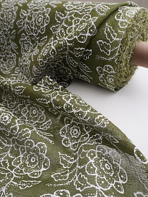 Льняная сетка "Цветочное переплетение под набойку" цв.зеленый хаки/белый, ш.1.1м, лен-100%, 100гр/м.кв