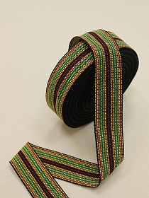 Лента тканая для поясов, 40мм Красно-желтая с зеленым строчка на черном