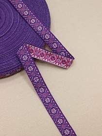Жак.лента 18мм Снежинки (цв.белый/розовая фуксия) на фиолетово-пурпурном