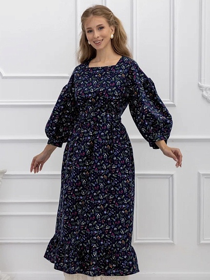 Платье из Теплого хлопка "Разнотравье на чернильном"