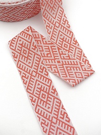 Жак.лента 55мм Алые славянские знаки на белом