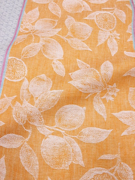 Холст полотенечный жаккардовый "Лимоны" цв.апельсиновый/серый, ш.0.49м, лен-100%, 220гр/м.кв