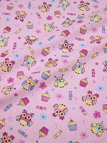 Ситец "Совушки с пирожными на розовом", ш.0.95м, хлопок-100%, 103гр/м.кв
