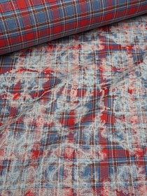 Фуле с вареным эффектом "Клетка" цв.серо-голубой джинс/красный, ш.1.4м, хлопок-100%, 125гр/м.кв
