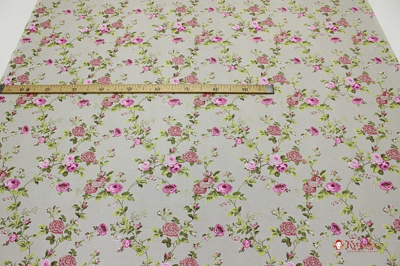 Полулен "Роза прованс на сером", ш.1.5м, лен-30%, хлопок-70%, 135гр/м.кв
