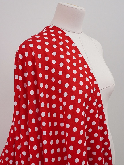 Штапель "Белый горох (11мм)" цв.красный, ш.1.45м, вискоза-100%, 95гр/м.кв