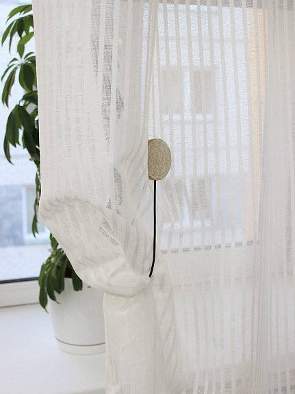 Мерный лоскут (ткань в отрезах) - Полулен декоративный "Сетка в узкую полоску" цв.молочный, ш.2.6м