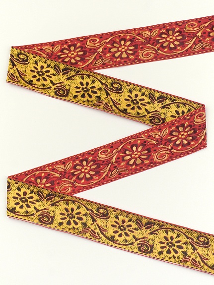 Жак.лента 50мм Черно-желтые ромашки на красном