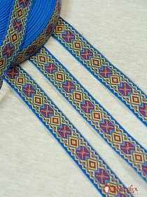 Жак.лента 23мм Алый/темно-желтый орнамент на васильковом