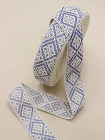 Лента тканая для поясов, 50мм Синие ромбы на суровом