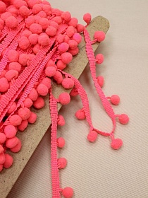 Тесьма "Помпоны" цв.коралловый неоново-розовый, шир.тесьмы без помпона-8мм; помпон Ø-11мм, п/э-100%