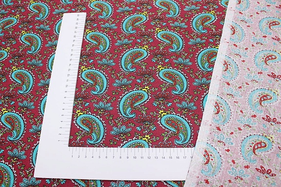 Бязь "Бирюзовые огурчики на винтажно-бордовом", ш.1.5м, хлопок-100%, 120гр/м.кв