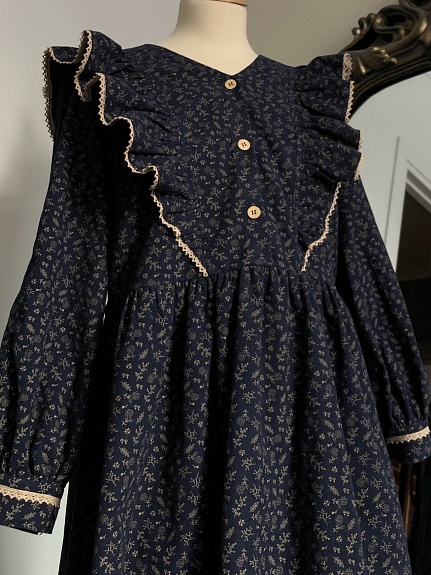 Платье из Теплого хлопка "Мелкая ботаника" цв.чернильный