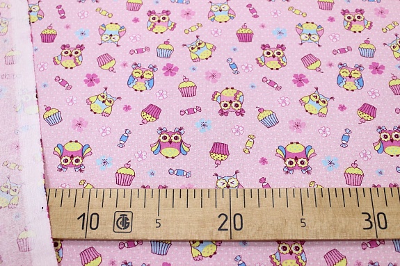Ситец "Совушки с пирожными на розовом", ш.0.95м, хлопок-100%, 103гр/м.кв