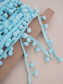 Брак(уценка)Тесьма "Помпоны" цв.лазурно-голубой, шир.тесьмы без помпона-8мм; помпон Ø-11мм, п/э-100%