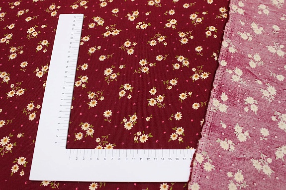 Микровельвет "Ромашки на бордовом в точку", ш.1.5м , хлопок 100%, 150гр/м.кв