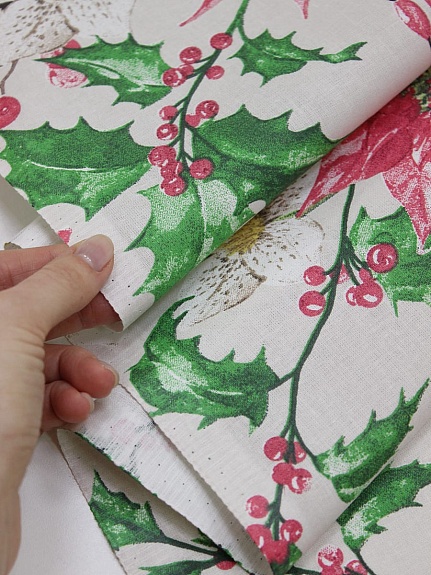 Бязь "Рождество-цветы" цв.бежевый, ГОСТ, 2.2 м, хлопок-100%, 120гр/м.кв