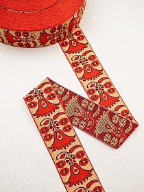 Жак.лента 45мм Огонь-цветок на красной основе