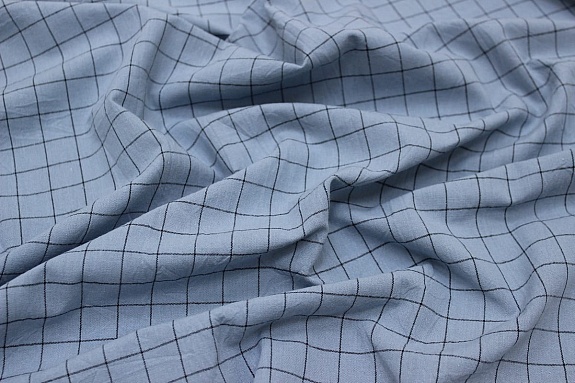 Вареный (стираный) хлопок "Черная клетка (1.6*1.6см) на серо-голубом", ш.2.5м, хлопок-100%