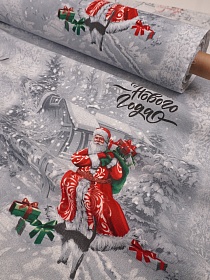 Мерный лоскут (ткань в отрезах) Рогожка "Ретро Новый год", ш.1.5м, хлопок-100%, 165гр/м.кв, раппорт 64см