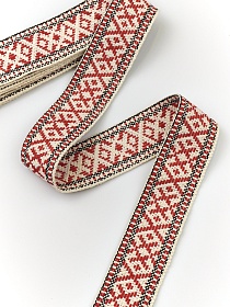 Лента тканая для поясов, 40мм Красные крестики на суровом, рис.9860/3, 3м