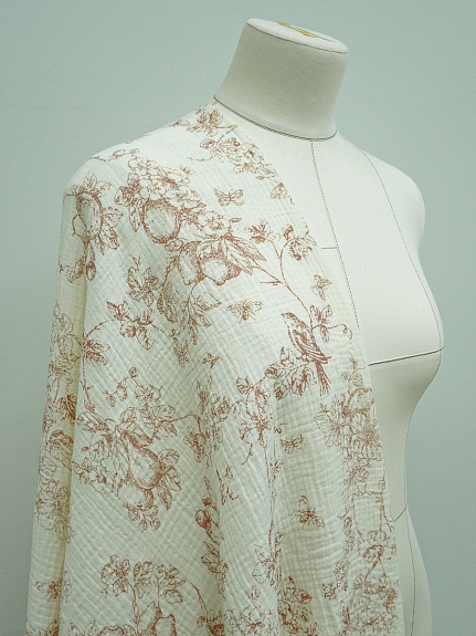 Муслин двухслойный с эф.жатости "Садовая трель" цв.кремовый/коричневый, ш.1.4м, хл-100%, 115гр/м.кв