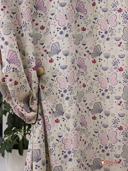 Полулен "Розовые бабочки на суровом", СОРТ2, ш.1.5м, лен-30%, хлопок-70%, 140гр/м.кв