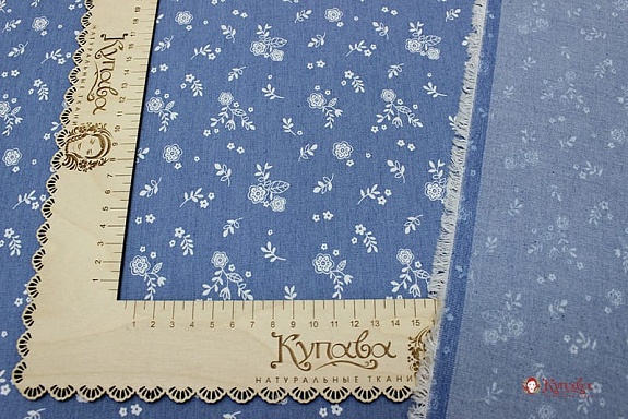 Джинсовая ткань "Веточки-цветочки на голубой джинсе", ш.1.48м, хлопок-85%, п/э-15%, 140гр/м.кв