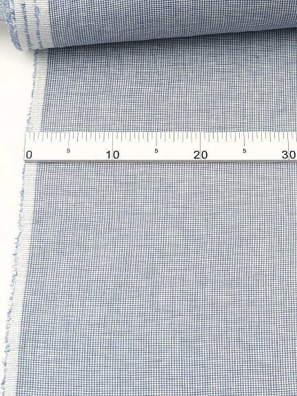 Лен сорочечный пестротканый с умягчением "Мелкая клетка" цв.белый/синий, ш.1.5м, лен-100%