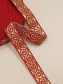 Жак.лента 18мм Золотистые завитки на красном, рис.8686/1