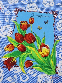 Вафельная ткань "С праздником весны" цв.голубой, ш.1.5м, хлопок-100%, 160гр/м.кв, раппорт 64см