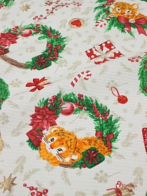 Вафельное полотно "Рождественский венок с тигренком", ш.1.5м, хлопок-100%, 165гр/м.кв