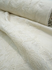 Полулен с вышитым рисуноком "Дубовые листочки" цв.суровый, ш.1.35м(выш.часть1.2м), хл-50%, лен-50%