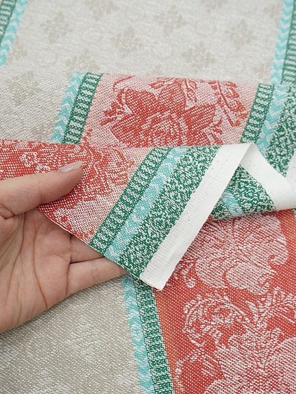 Холст полотенечный жаккард "Валенсия" цв.бежевый/красный, ш.0.5м, лен-30%, хл-70%, 210гр/м.кв