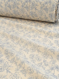 Хлопколен Цифр.печать "Контур роз" (на суровом), цв.синий, ш.1.4м, лен-10%, хл-90%, 125гр/м.кв