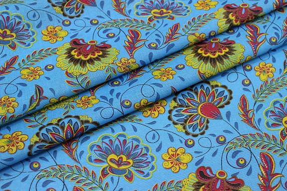 Ситец "Павлиний цвет на бирюзово-голубом", ш.0.8м, хлопок-100%, 86гр/м.кв