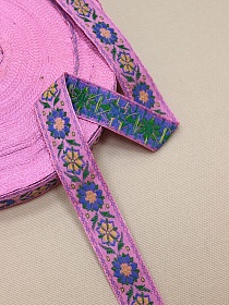 Жак.лента 22мм Св.васильковый/зеленый орнамент на розовом