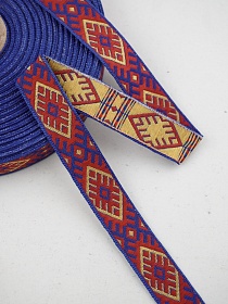 Жак.лента 18мм Славянский желтый/красный рисунок на васильковом